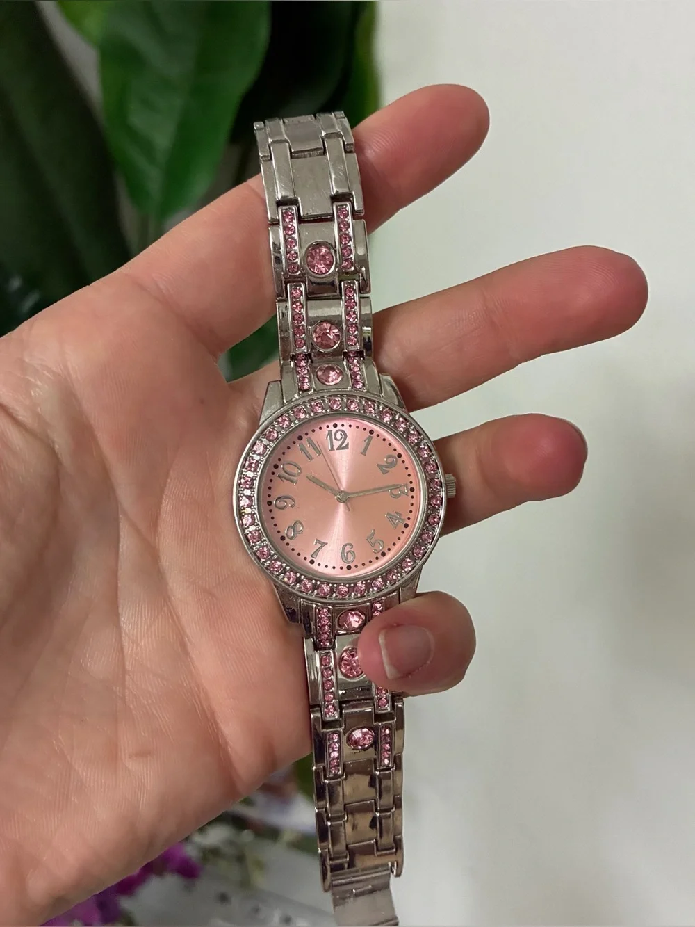 Pink jewel stainless steel watch